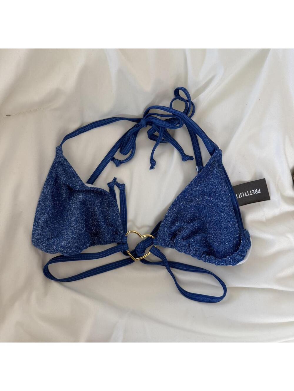 Pretty little thing blue shimmer heart detail tie bikini top NWT
